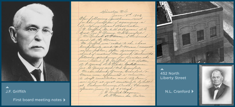 1903-1921 History photo of J.F. Griffith, N.L. Cranford, First board meeting notes, 452 North Liberty Street building