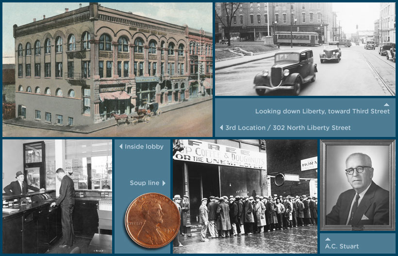 1921-1935 History photo of A.C. Stuart, Looking down Liberty Street toward Third Street, 302 North Liberty Street location, inside lobby, soup line